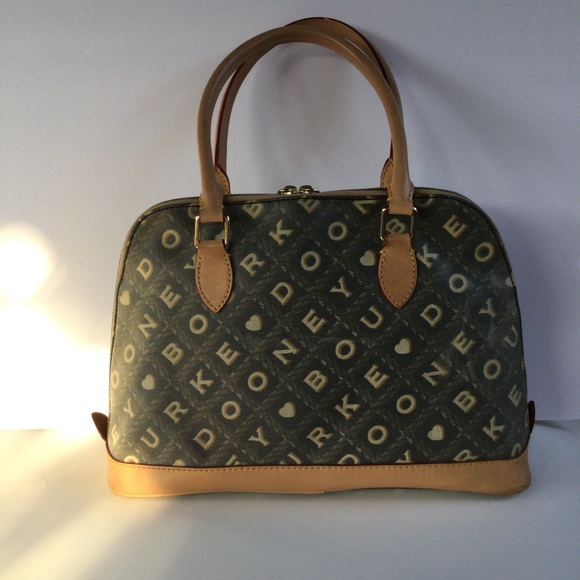 Dooney & Bourke Dome Shoulder Satchel Leather Handbag Crossword Tan Gray Gold - Picture 2 of 16